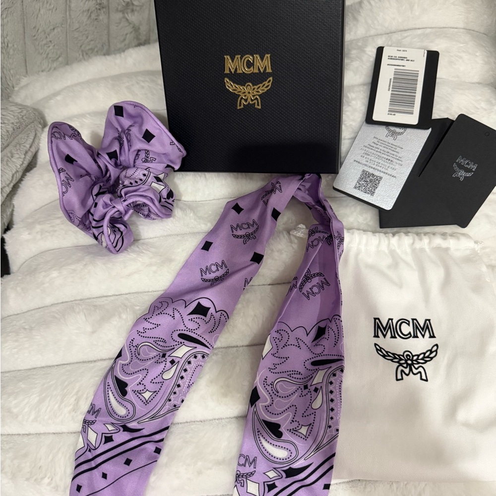 MCM Purple Silk Scarf and Scrunchie Set - Picture 1 of 3